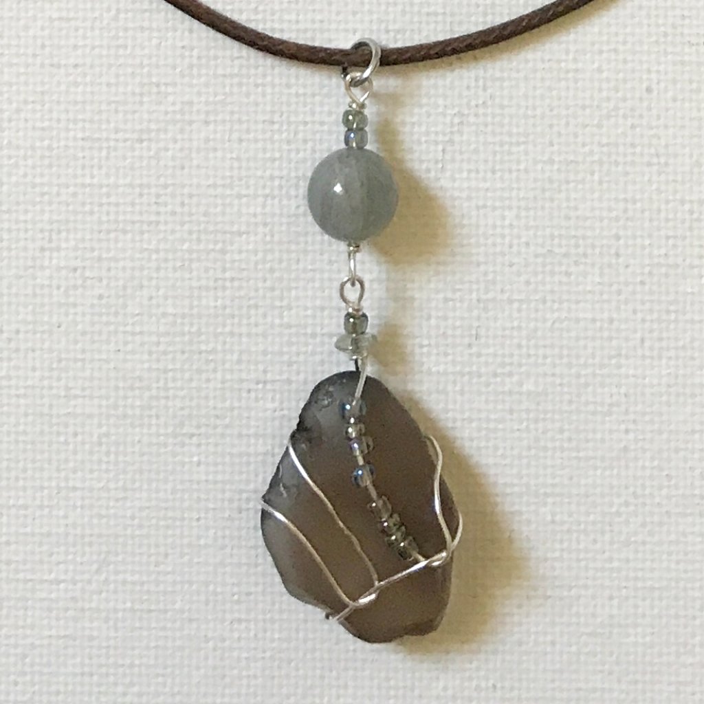 Soft Brown Sea Glass Labradorite Gemstone Crystal Necklace Ocean Beach Surf Boho